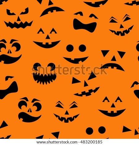 seamless pattern with black halloween pumpkins carved faces silhouettes on orange background can be used - Halloween Pumpkin Carving Faces seamless pattern with black halloween pumpkins carved faces silhouettes on orange background can be used - Halloween Pumpkin Carving Faces