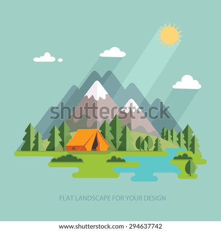 summer landscape. Morning landscape in the mountains. Solitude in nature by the river. Weekend in the tent. Hiking and camping. Vector flat illustration