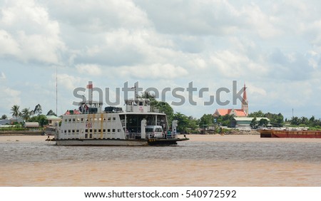 An Giang, Vietnam - Aug 7, 2016. A ferry carrying passengers on the Mekong River in Southern Vietnam. The Mekong is the world's 12th-longest river and the 7th-longest in Asia.