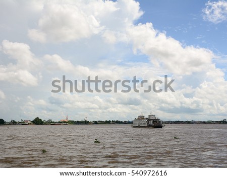 An Giang, Vietnam - Aug 7, 2016. A ferry on the Mekong River in Southern Vietnam. The Mekong is a trans-boundary river in Southeast Asia. It is the world's 12th-longest river.