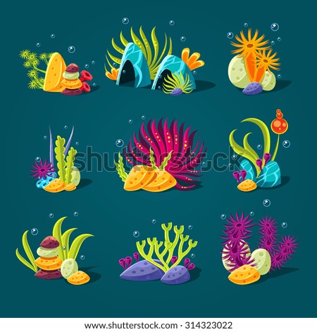 Set of cartoon algae, elements for aquarium decoration. Vector illustration