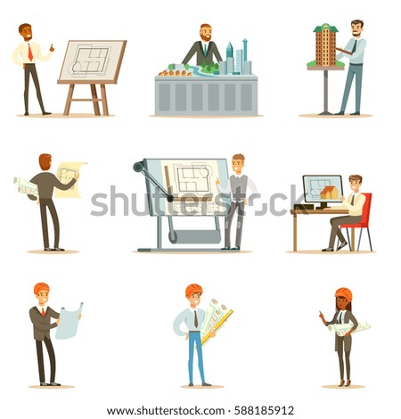 Architect Profession Series Of Vector Illustrations With Architects Designing Projects And Blueprints For Building Construction