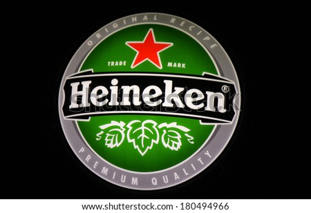 JANUARY 28, 2014 - BERLIN: the logo of the brand "Heineken", Berlin.