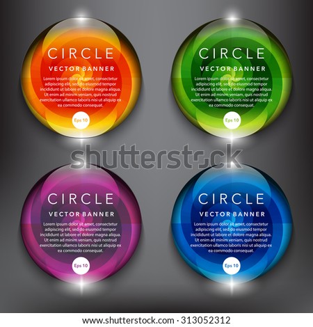 Abstract vector banner set of 4. Glass marbles with yellow, green, blue and violet swirl ornament on the black background. Each item contains space for own text. Vector illustration. Eps10.