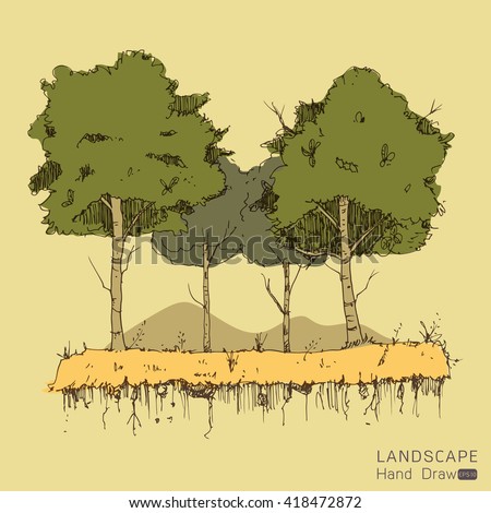 Natural landscape in Hand drawn style. a beautiful park.Environmentally friendly natural landscape.Vector illustration