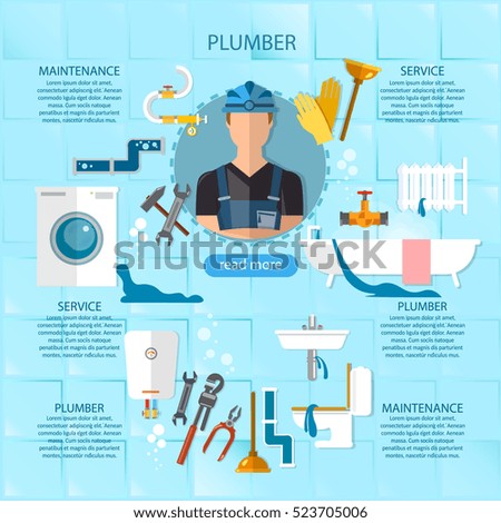 Professional plumber infographic plumbing service different tools and accessories, pipe repair, elimination of leaks. infographics call plumber