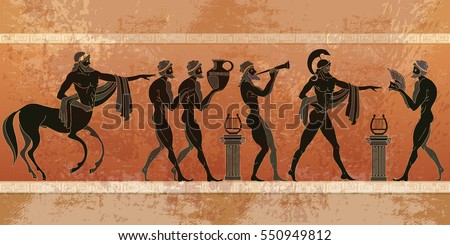 Ancient Greece scene. Black figure pottery. Ancient Greek mythology. Centaur, people, gods of an Olympus. Classical Ancient Greek style