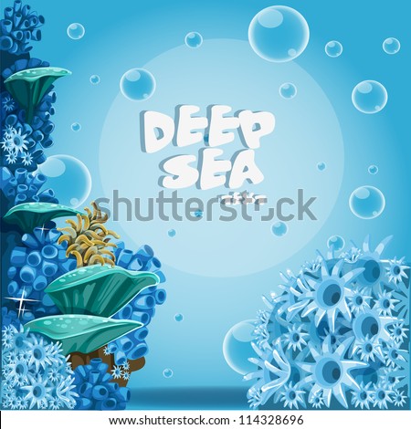 Deep sea blue background with actin and corals