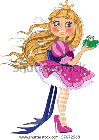 Little blond princess in pink dress with frog