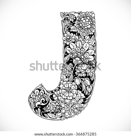 doodles font ornamental flowers letter j stock vector
