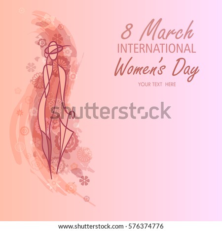 Silhouette of a women on pink floral decorated background for Happy Women's Day. March 8 greeting card. Vector illustration.