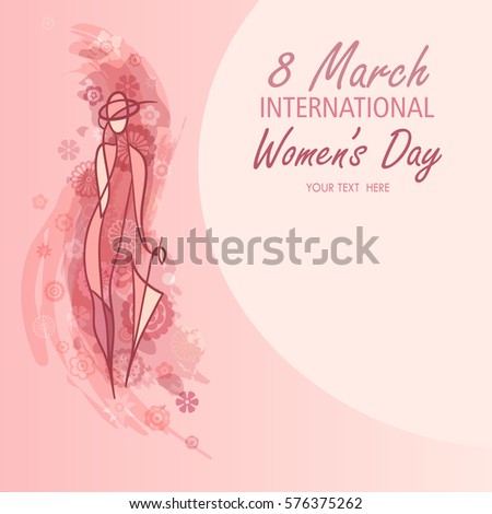 Silhouette of a women on pink floral decorated background for Happy Women's Day. March 8 greeting card. Vector illustration.