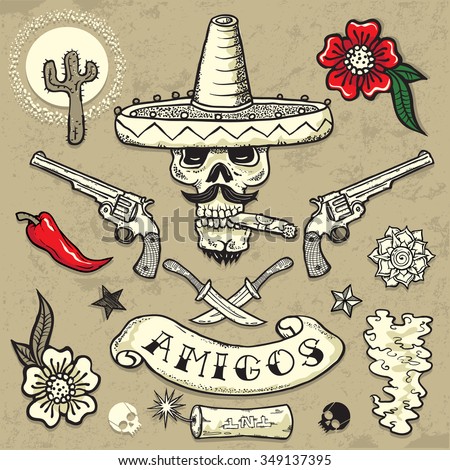 Set Of Vector Elements Mexican Theme Tattoo Art Design New Traditional Set Of Vector Elements Mexican Theme Tattoo Art Design New Traditional