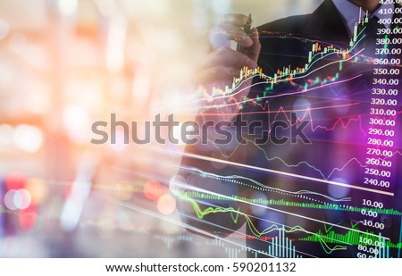 Double exposure businessman and stock market or forex graph suitable for financial investment concept. Economy trends background for business idea and all art work design. Abstract finance background.