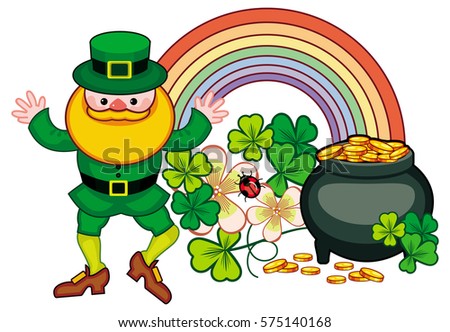 Holiday Label With Shamrock Rainbow Leprechaun And A Pot Of Gold St