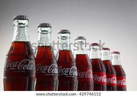 Kuala Lumpur, Malaysia 30th May 2016, Coca-Cola Classic in a glass bottle Isolated on white Background. Coca Cola, Coke is the most popular carbonated soft drink beverages sold around the world