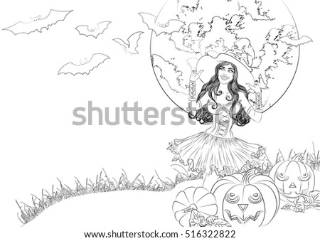 Vector Outline Illustration Sexy Smiling Witch Stock Vector 516322822