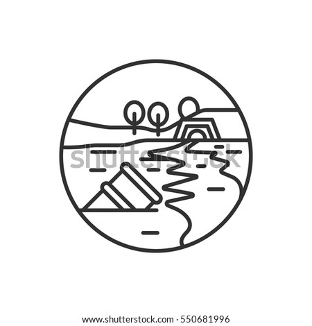 Waste into the river, pond. Environmental pollution. Linear round icon