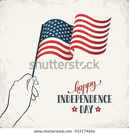 Happy Independence Day. Women's hand holding flag of USA with text on retro background. USA Independence Day banner in vintage style.