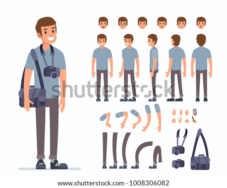 Man photographer character constructor and objects for animation scene. Set of various men's poses, faces, mouth, hands, legs. Flat style vector illustration isolated on white background.