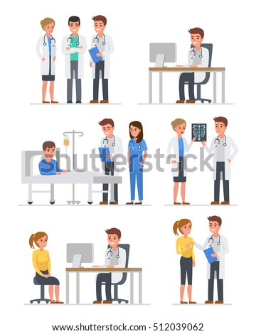 Doctors characters set. Doctors group, doctor with patient, doctor with computer. Vector illustration.