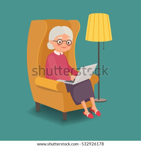 Elderly woman sitting in a chair with a laptop. Vector illustration