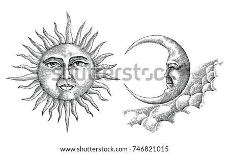 Vintage Moon Sun Hand Drawing Vintage Stock Vector 746821015 - Shutterstock