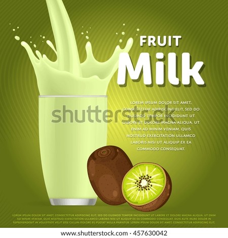 Kiwi sweet milkshake dessert cocktail glass fresh drink in cartoon vector illustration