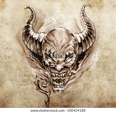 Tattoo Art Sketch Devil Big Horns Stock Illustration 100424188 ...