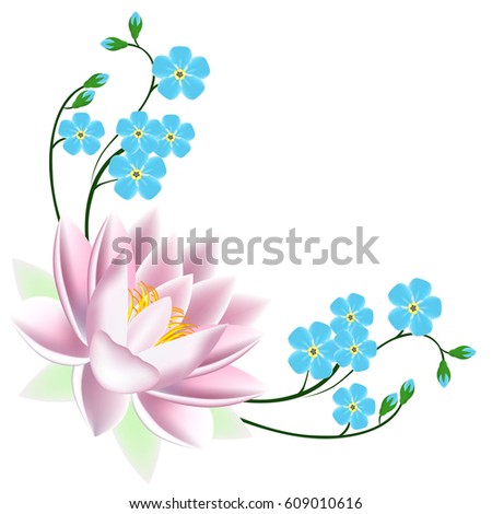 Corner with blue forget me not flowers and lotus.