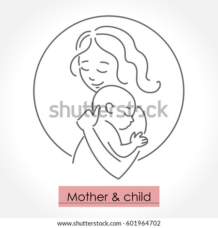 Mother with child. Line art icon, logo, sign. Isolated vector illustration.