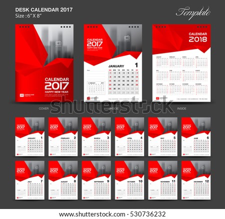 Set Red Desk Calendar 2017 year size 6 x 8 inch template, Set of 12 Months, Week Starts Monday, flyer design