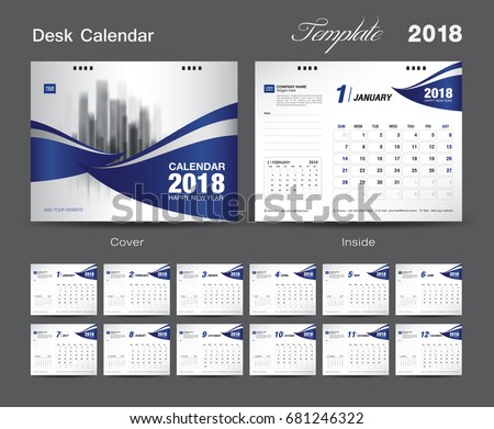 Set Desk Calendar 2018 template design, blue cover, Set of 12 Months, Week start Sunday