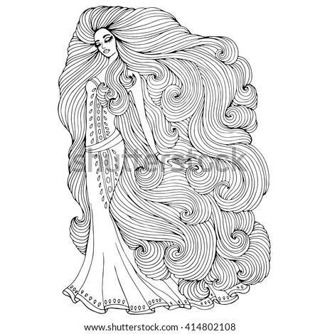 Vector Hand Drawn Princess Young Girl With Long Wavy Hair In A Historical Dress