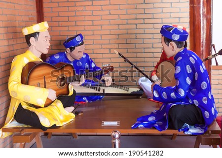 BAC LIEU, VIETNAM - MAR, 03: Model of Vietnamese artists playing traditional music called "cai luong" in museum. On march 03, 2012.