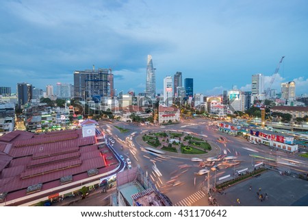 Ho Chi Minh City, Vietnam - May 28, 2016: Dusk over Ben Thanh Market and Quach Thi Trang roundabout, one of most popular attractive place for travel and tourism in the biggest city.