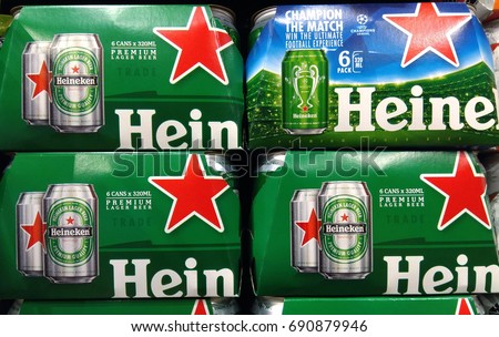 PENANG, MALAYSIA - JULY 19, 2017 : Heineken beer cans on store shelf. Heineken is a Dutch brewing company, founded in 1864 by Gerard Adriaan Heineken in Amsterdam.