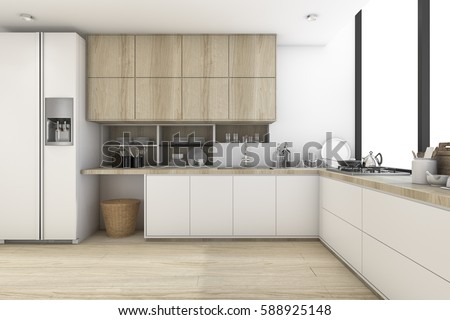 3d Rendering Scandinavian Kitchen White Wood Stock Illustration ... 3d Rendering Scandinavian Kitchen White Wood Stock Illustration ...
