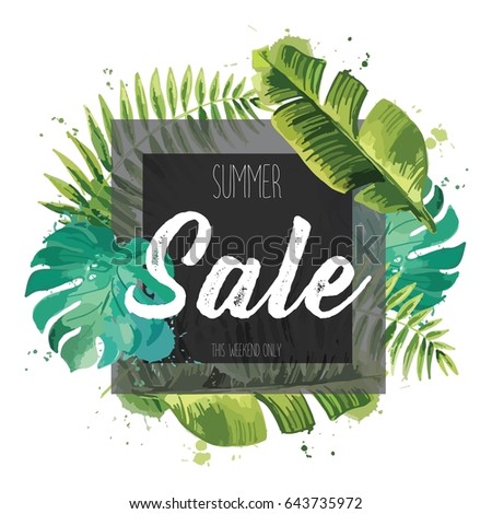 Sale banner, poster with palm leaves, jungle leaf. Beautiful vector floral tropical summer background.