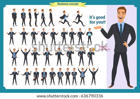 Set of young male businessman presenting in various action. People character. Standing, Man body template for design, animation work.Face,body elements.Isolated on white. Flat style.business.In suit
