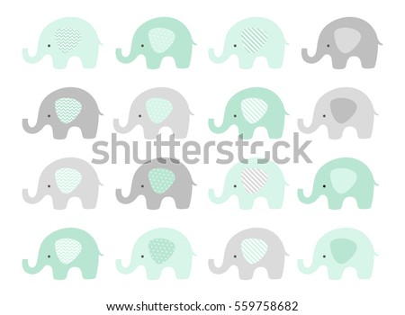 Baby elephant vector set. Cute elephants with patterned ears. Mint and Gray.