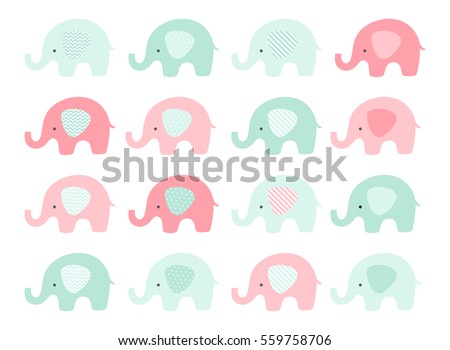 Cute baby elephant set. Vector elephants with patterned ears. Mint and Pink. Baby Shower.