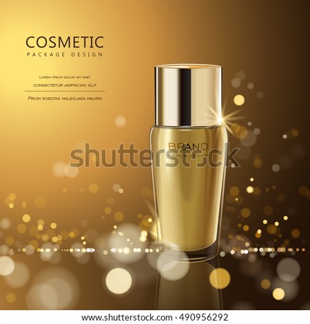 Splendid cosmetic product poster, golden bottle package design with moisturizer cream or liquid, sparkling background with glitter polka, 3D illustration