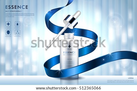 Cosmetic ads template, essence bottle with blue ribbon and glitter elements on the background, 3d illustration