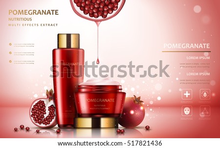 Pomegranate cream ads, attractive fruit ingredients with cosmetic package and sparkling effects, 3d illustration