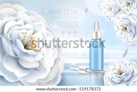 Camellia cosmetic ads, elegant white camellia with droplet bottle, 3d illustration
