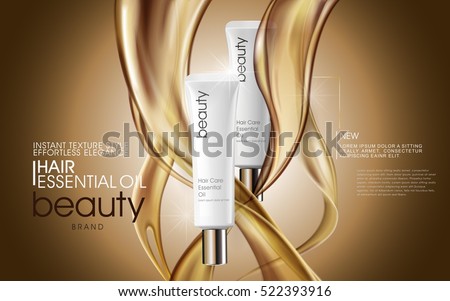 Premium hair oil ads, cosmetic tubes with oil pouring down, 3d illustration for ads or magazine