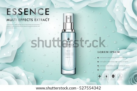 White rose or camellia cosmetic ads, spray bottle isolated on light blue background with water drop, 3D illustration