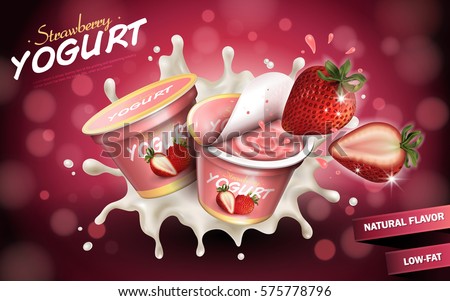 Strawberry yogurt ads, appetizing fruit yogurt with cream texture and strawberry splashing in the air, 3d illustration isolated on bokeh background