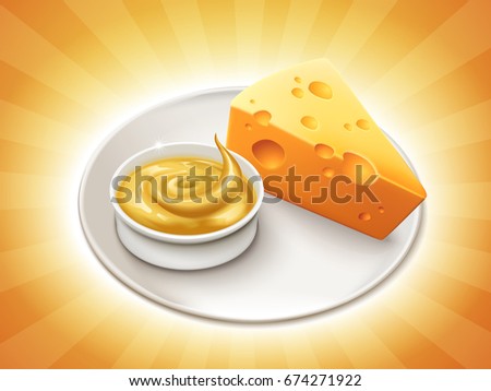 Piece of cheese with a bowl of cheese sauce isolated on striped background in 3d illustration